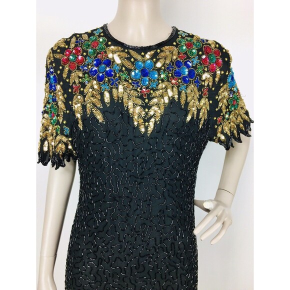 Vintage 80s 100% Silk Beaded Sequined Bright Colored Cocktail Party Dress Carina - Picture 7 of 10